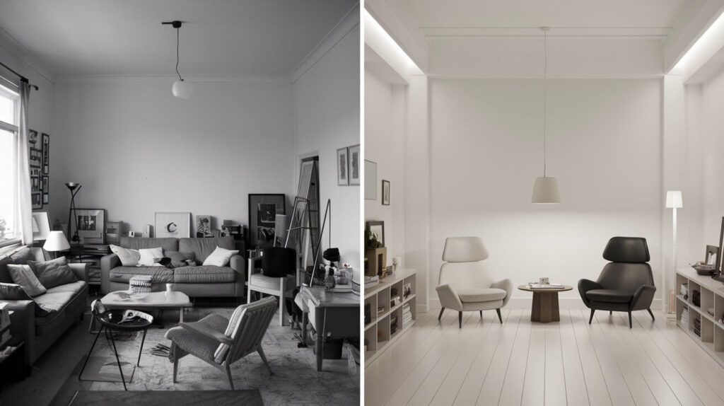 Side-by-side comparison of a cluttered living room and its minimalist transformation