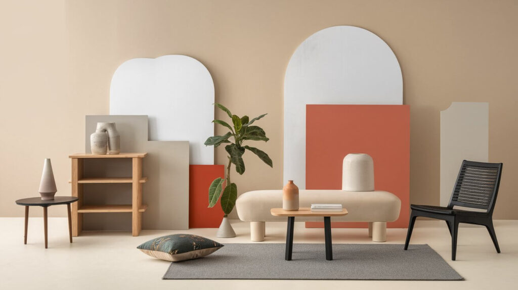 Minimalist color palette with wood, stone, and fabric material samples.